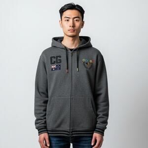 Coogi Y2K Hoodie Sweatshirt Mens XL Full Zip Gray Pockets Embroidered Flag